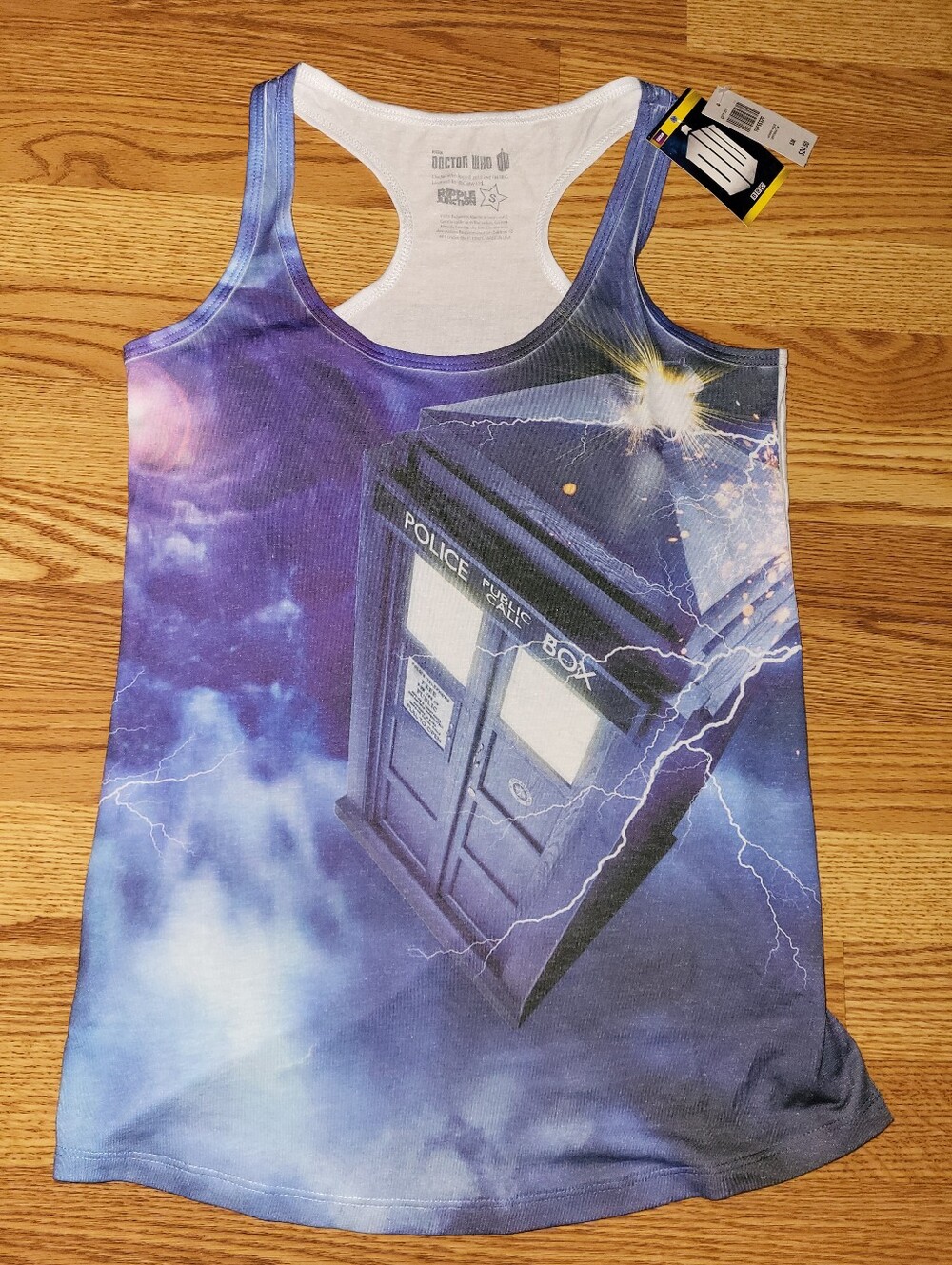 Hot Topic Ripple Junction Doctor Who TARDIS Purple Blue Racerback Tank Top, SM